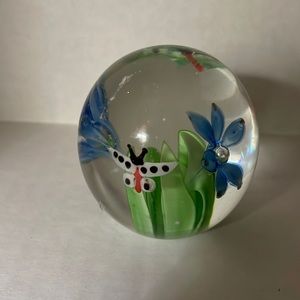 Hand blown butterfly blue flowers paper weight